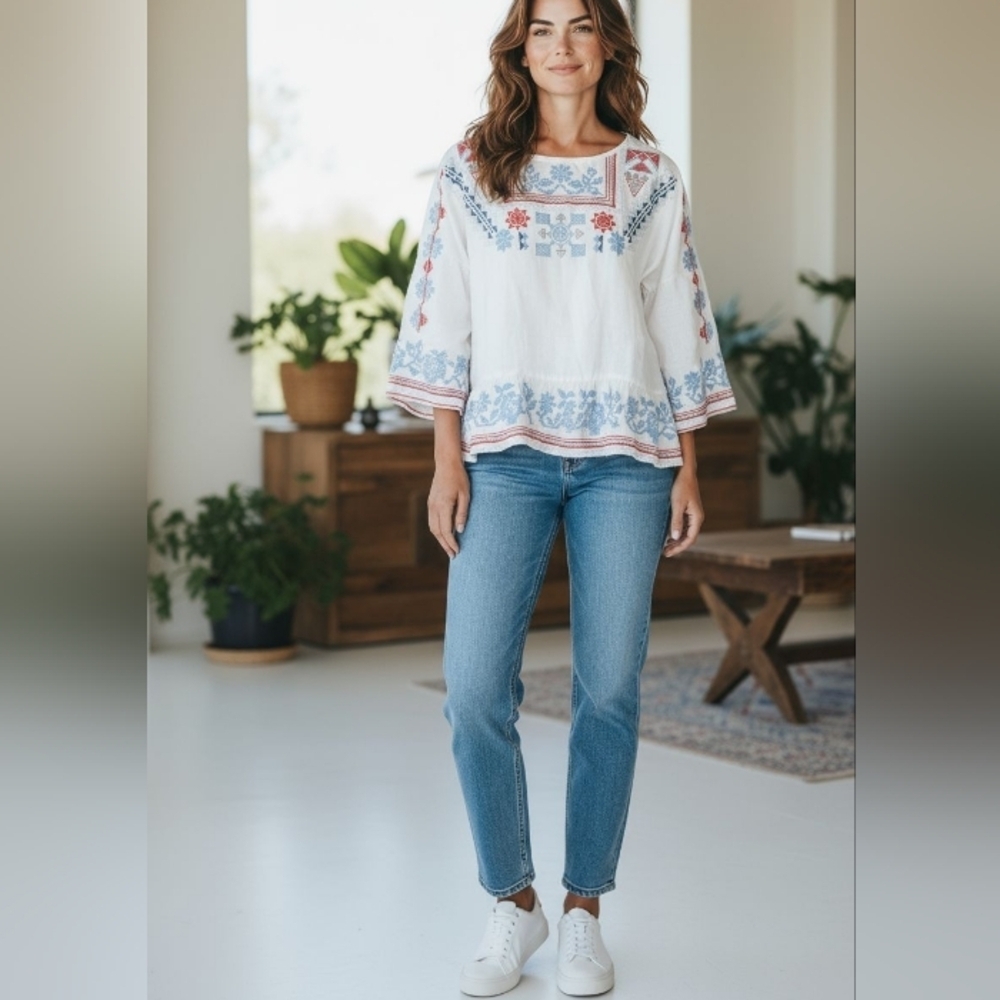 Johnny Was For Jacket & Tops Linen Artsy Top Embroidered Relaxed Fit Small